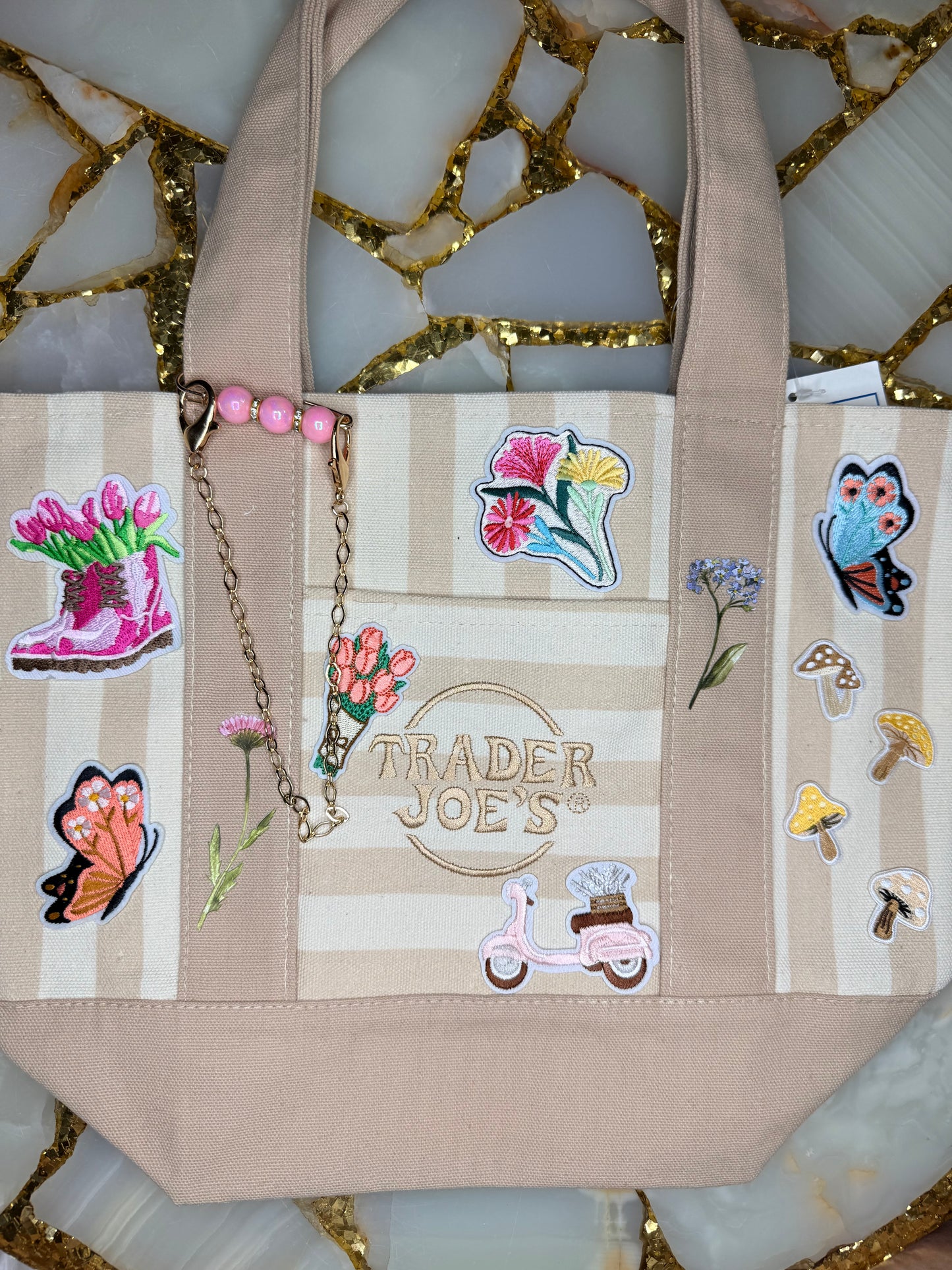 Tan striped tote bag