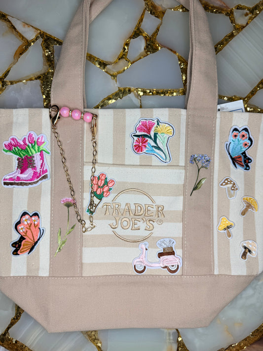 Tan striped tote bag