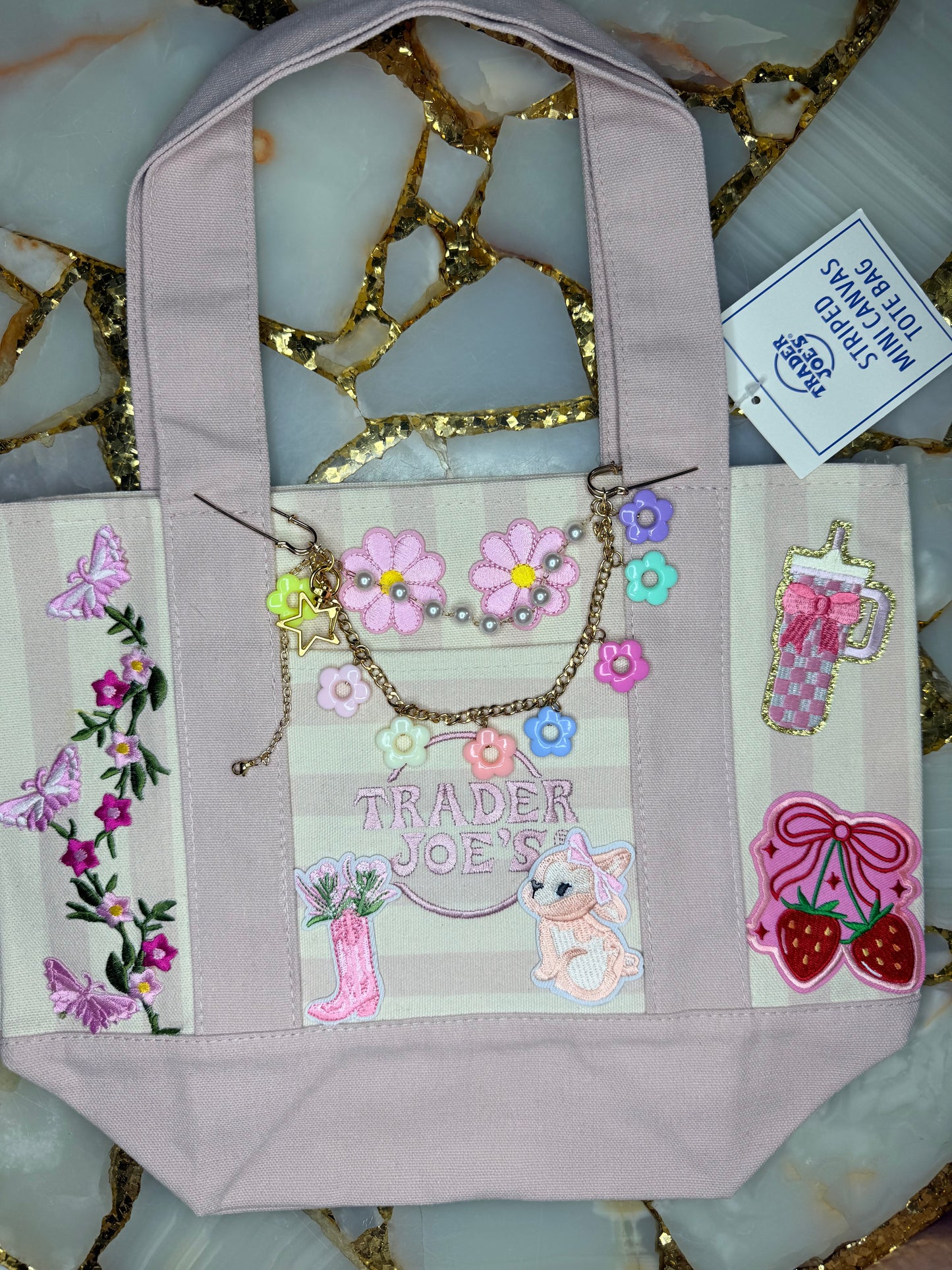 Pink striped canvas tote bag
